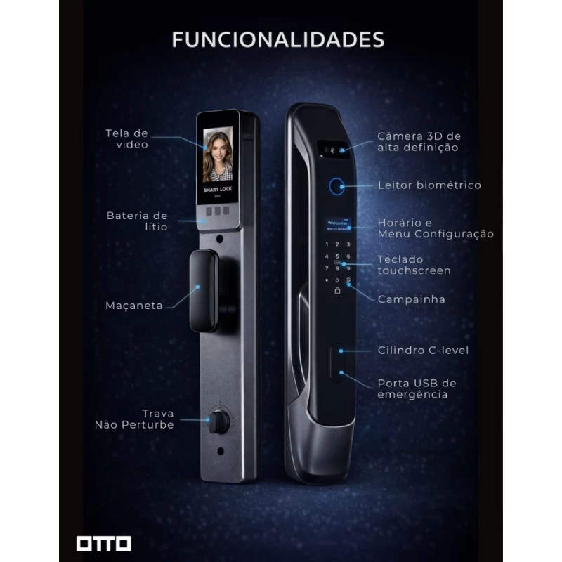 FECHADURA DIGITAL OTTO TU-3000 FACIAL BIOMETRIA ALEXA WI-FI