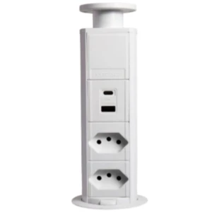 TORRE MINI TOTEM MANUAL 20A 2 TOMADAS + 2 USB RÁPIDO BRANCA RETRÁTIL
