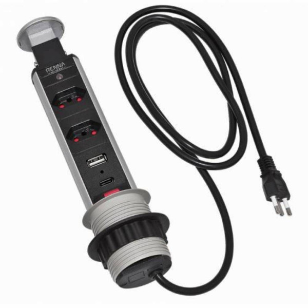 TORRE MULTIPLUG RENNA/PIX 2 TOMADAS + 2 USB RETRÁTIL PRATA